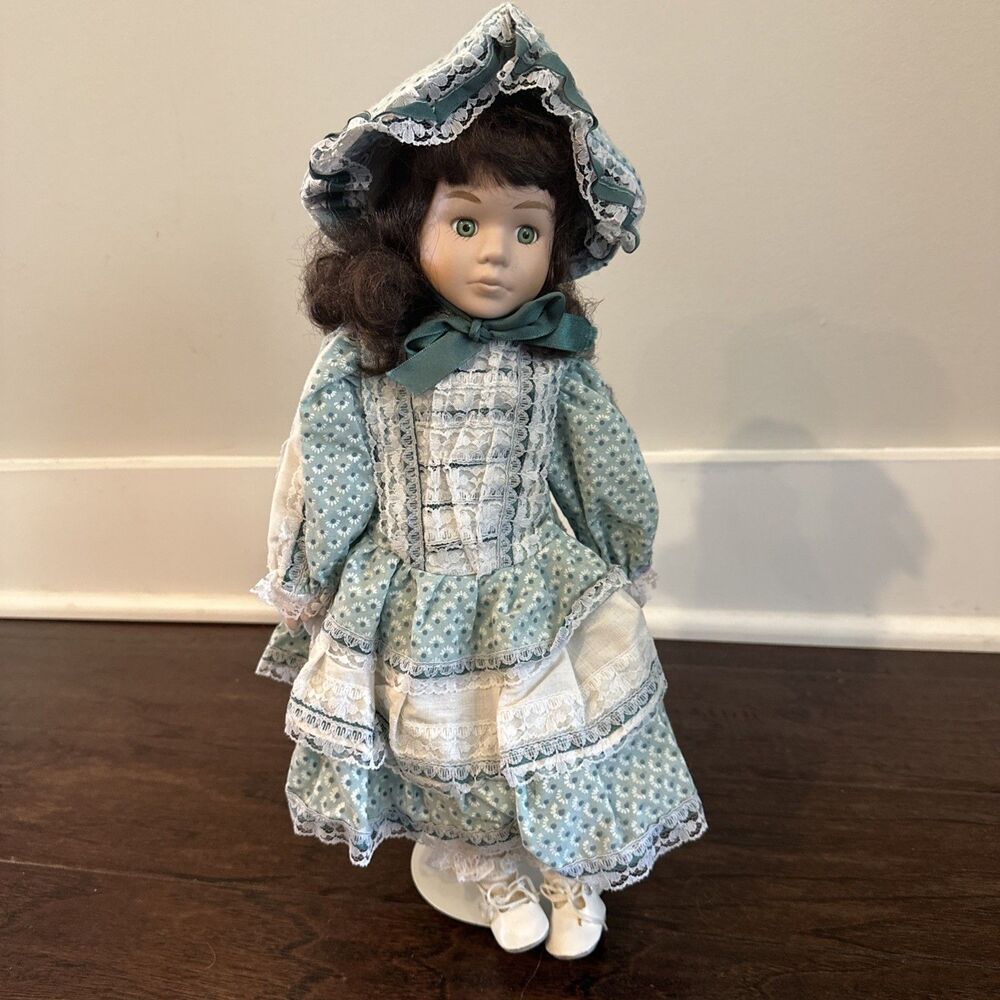 Vintage Doll: 16" Brunette with Green Lace Dress, World Bazaars Inc.
